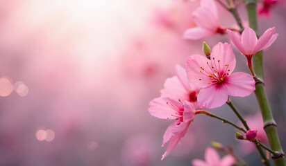 Close up highly detailed image of a pink bamboo flower in a forest. pink background with blur and bokeh. AI generated.