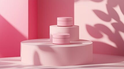 Poster - Pink cosmetic jars displayed on a circular pedestal in a minimalist setting with dramatic shadows in a soft light