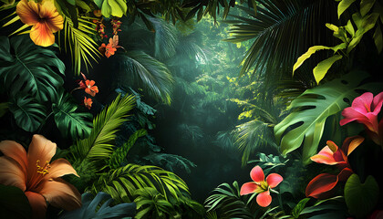 A lush jungle scene with vibrant green leaves and exotic flowers, bringing the warmth of the tropics to your screen