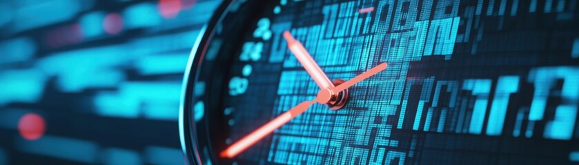 A close-up of a digital clock overlaying binary code, highlighting the intersection of time and technology with glowing blue and red elements.