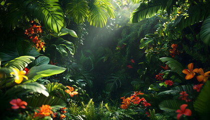 A lush jungle scene with vibrant green leaves and exotic flowers, bringing the warmth of the tropics to your screen