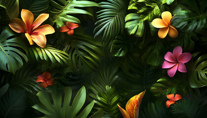 A lush jungle scene with vibrant green leaves and exotic flowers, bringing the warmth of the tropics to your screen