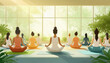 © ЮРИЙ ПОЗДНИКОВ - Group of people practicing yoga in lotus position in front of large windows
