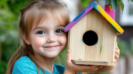 Wall Mural - A little girl holding a birdhouse with her hand, AI