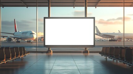 Poster - Blank billboard mockup in an airport with aero planes in the background, photo-realistic 