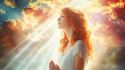 Woman Praying With Closed Eyes In A White Dress With A Golden Sunset Behind Her.  

(49 Words, 249 Characters)