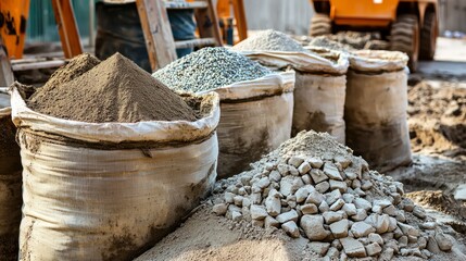 Close-up view of construction materials in bags, including gravel, sand, and stones, ready for use on a building site.