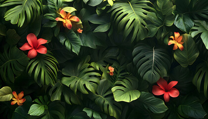 A lush jungle scene with vibrant green leaves and exotic flowers, bringing the warmth of the tropics to your screen