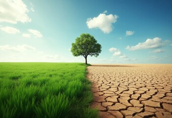 Striking contrast of lush green field and barren dry land a lone tree symbolizing the impact of climate change thoughtprovoking concept illustration