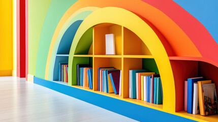 Canvas Print - A rainbow colored bookshelf with a variety of different colors, AI