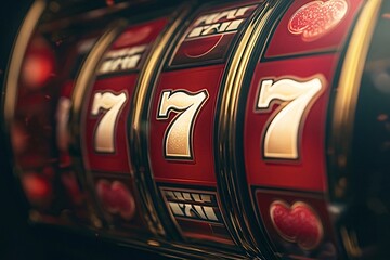 Slot machine displaying three lucky sevens on the spinning reels. The image evokes the excitement of gambling and the thrill of winning big