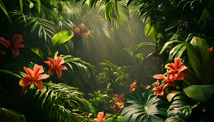 A lush jungle scene with vibrant green leaves and exotic flowers, bringing the warmth of the tropics to your screen