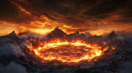 A breathtaking view of a fiery landscape with a glowing circular lava formation against dramatic clouds at sunset.