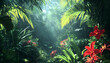 © mai - A lush jungle scene with vibrant green leaves and exotic flowers, bringing the warmth of the tropics to your screen
