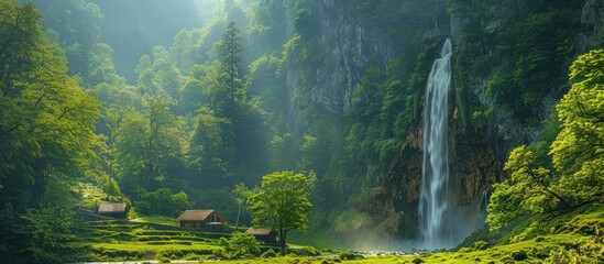 Wall Mural - Tranquil Waterfall in Lush Green Forest