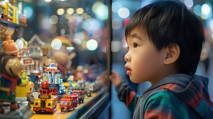Wall Mural - a little asian boy stands near the window of a toy store and looks at it enthusiastically. happy chi