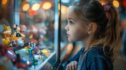 Wall Mural - a cute little girl is standing near the window of a toy store and looks at the toys with delight. ha
