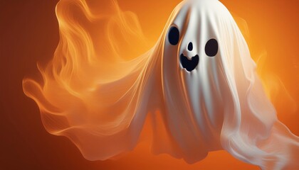 Cheerful ghost floating in the air with an orange background, perfect for spooky Halloween themes and festive designs.