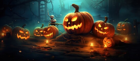 Wall Mural - Halloween Jack-O-Lanterns in a Spooky Forest