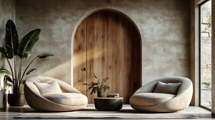 Wall Mural - Cozy interior featuring soft seating and a natural wood door.