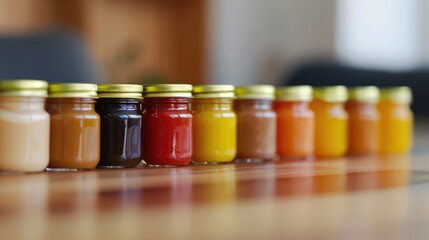 Canvas Print - Row of Colorful Jars on Wooden Surface