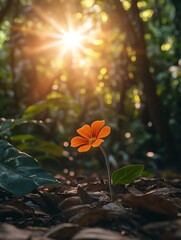 Wall Mural - A single orange flower blooms in the dappled sunlight of a forest.