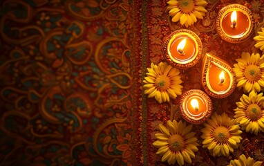 Wall Mural - Happy Diwali Diya lamps lit during Diwali, Hindu festival of lights celebration. Diwali diya oil lamps holiday background. Creating a festive and decorative composition