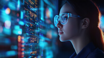 A woman wearing glasses contemplates data analytics while interacting with a holographic interface displaying software coding. Set against a nighttime backdrop, the scene highlights .