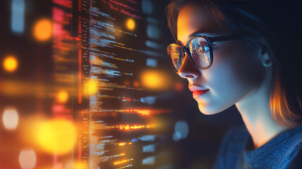 A woman wearing glasses contemplates data analytics while interacting with a holographic interface displaying software coding. Set against a nighttime backdrop, the scene highlights .