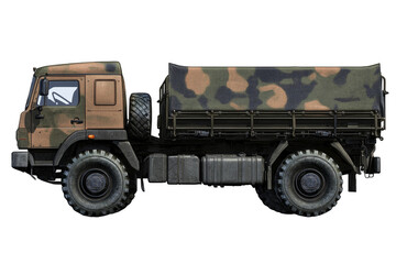 Military truck side view on transparent background