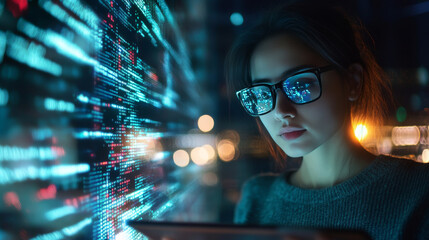 A woman wearing glasses contemplates data analytics while interacting with a holographic interface displaying software coding. Set against a nighttime backdrop, the scene highlights .