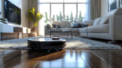Poster - Mini robot vacuum cleaning a living room, avoiding obstacles. Generative AI.