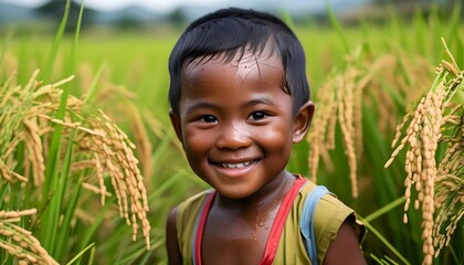 Canvas Print - Joyful child in a lush rice field under the sun