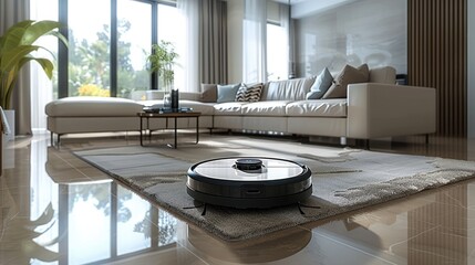Poster - Mini robot vacuum cleaning a living room, avoiding obstacles. Generative AI.