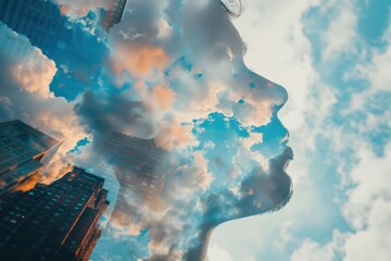 Wall Mural - Artistic depiction of a human face formed by clouds, blending with a city skyline beneath. Free copy space for text.
