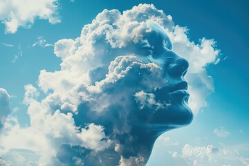 Wall Mural - Artistic depiction of a human face formed by clouds, blending with a city skyline beneath. Free copy space for text.