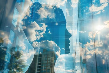 Wall Mural - Artistic depiction of a human face formed by clouds, blending with a city skyline beneath. Free copy space for text.