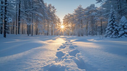 Wall Mural - Snowy Forest Path at Sunset