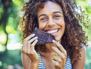 Wall Mural - A woman smiling while holding a piece of chocolate in her hand. AI.