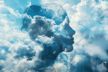Wall Mural - Artistic depiction of a human face formed by clouds, blending with a city skyline beneath. Free copy space for text.