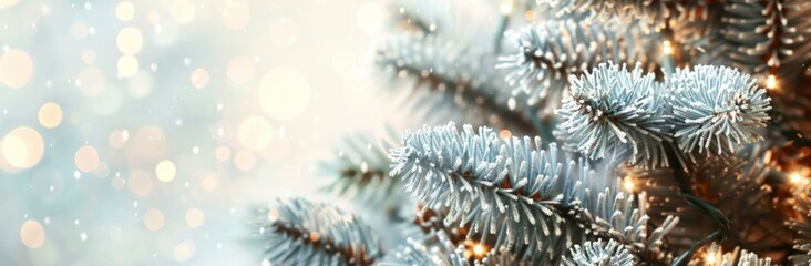 Sticker - Close-up of a decorated Christmas tree with blurred lights in the background. AI.