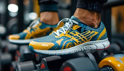 Close-up of an athletes shoe alongside holographic fitness equipment