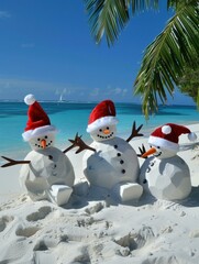 Canvas Print - Three snowmen wearing Santa hats are sitting on a tropical beach. AI.