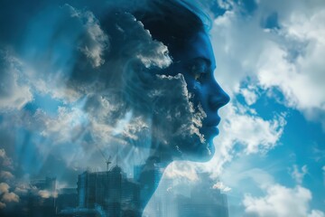 Wall Mural - Artistic depiction of a human face formed by clouds, blending with a city skyline beneath. Free copy space for text.