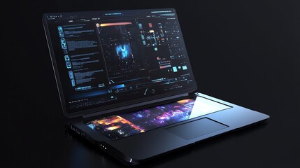 Futuristic laptop with glowing screen displaying data and code.