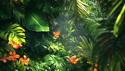 A lush jungle scene with vibrant green leaves and exotic flowers, bringing the warmth of the tropics to your screen