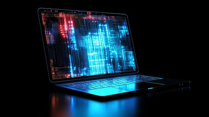 Laptop with glowing blue and red digital code on the screen.