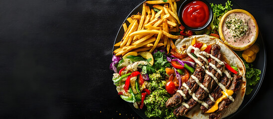 Sticker - Top down view of doner kebab or gyros served on a plate with fries veggies and salad on a black backdrop with ample copy space image