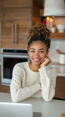 Poster - A woman sits at a table with a laptop, smiling at the camera. AI.