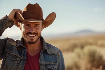 Confident cowboy tipping his hat while smiling in a sunlit open landscape on a clear day